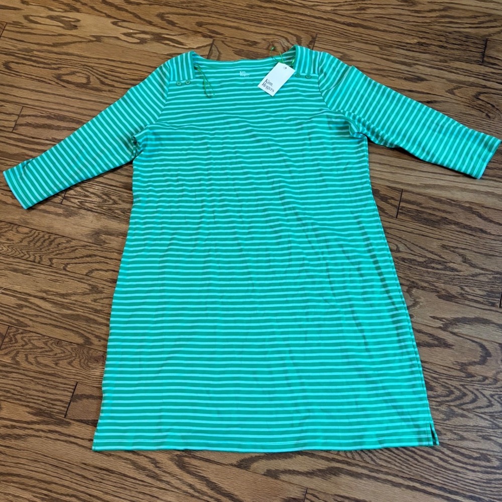 Kim Rogers Women's XL Green Stripe 3/4 Sleeve A-Line Dress 100% Cotton NWT‎